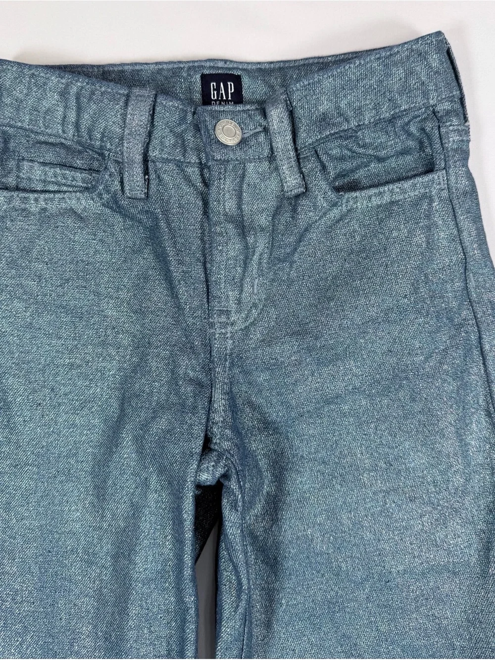 GAP Girls Wide Leg‎ Jeans 6 Metallic Silver Shimmer Retro Glam Coquette Sparkle